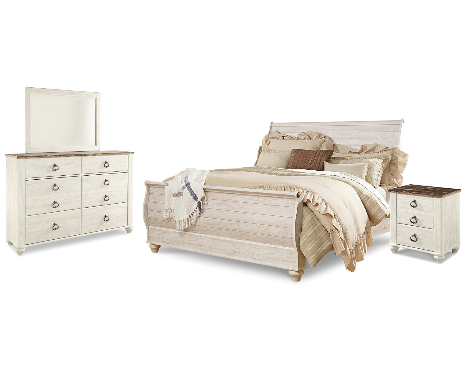 Willowton King Sleigh Bed, Dresser, Mirror and Nightstand