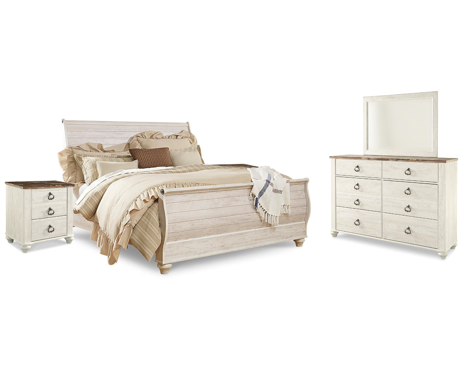 Willowton King Sleigh Bed, Dresser, Mirror and 2 Nightstands