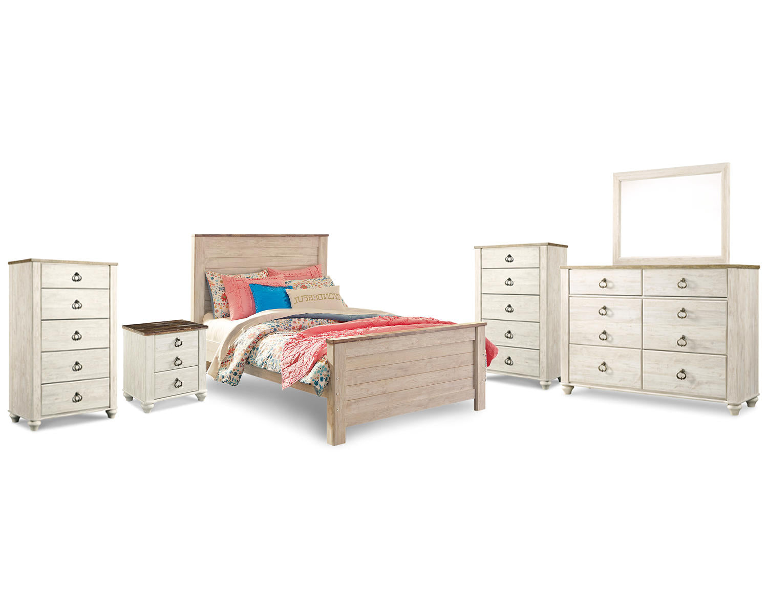 Willowton Full Panel Bed, Dresser, Mirror, 2 Chests and nightstand