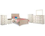Cama Willowton con paneles completos, tocador, espejo, dos cómodas y mesita de noche