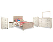 Willowton Full Panel Bed, Dresser, Mirror, 2 Chests and nightstand