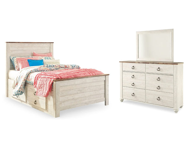 Cama Willowton con paneles completos, almacenaje, tocador y espejo