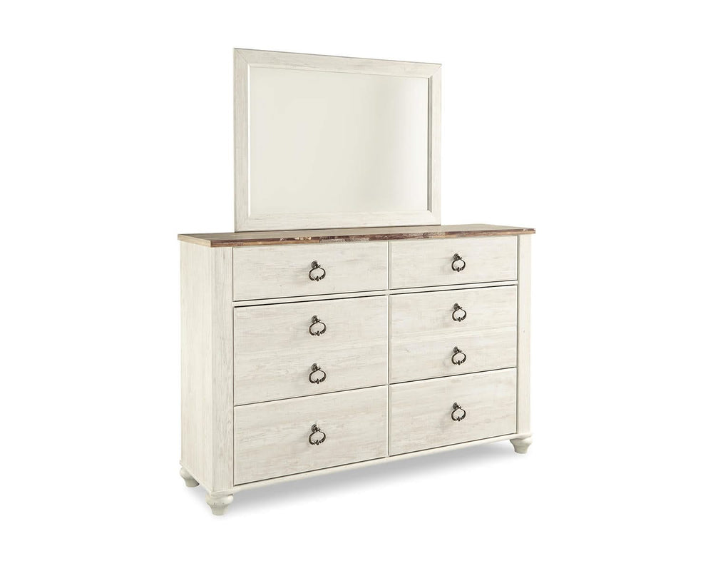 Cama Willowton King con paneles, tocador, espejo, cómoda y dos mesitas de noche