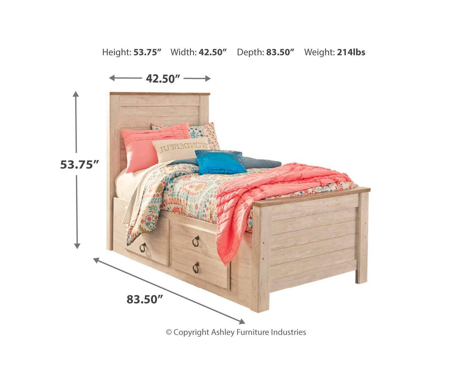 Willowton Twin Bed with Storage, Dresser, Mirror, Chest and Nightstand