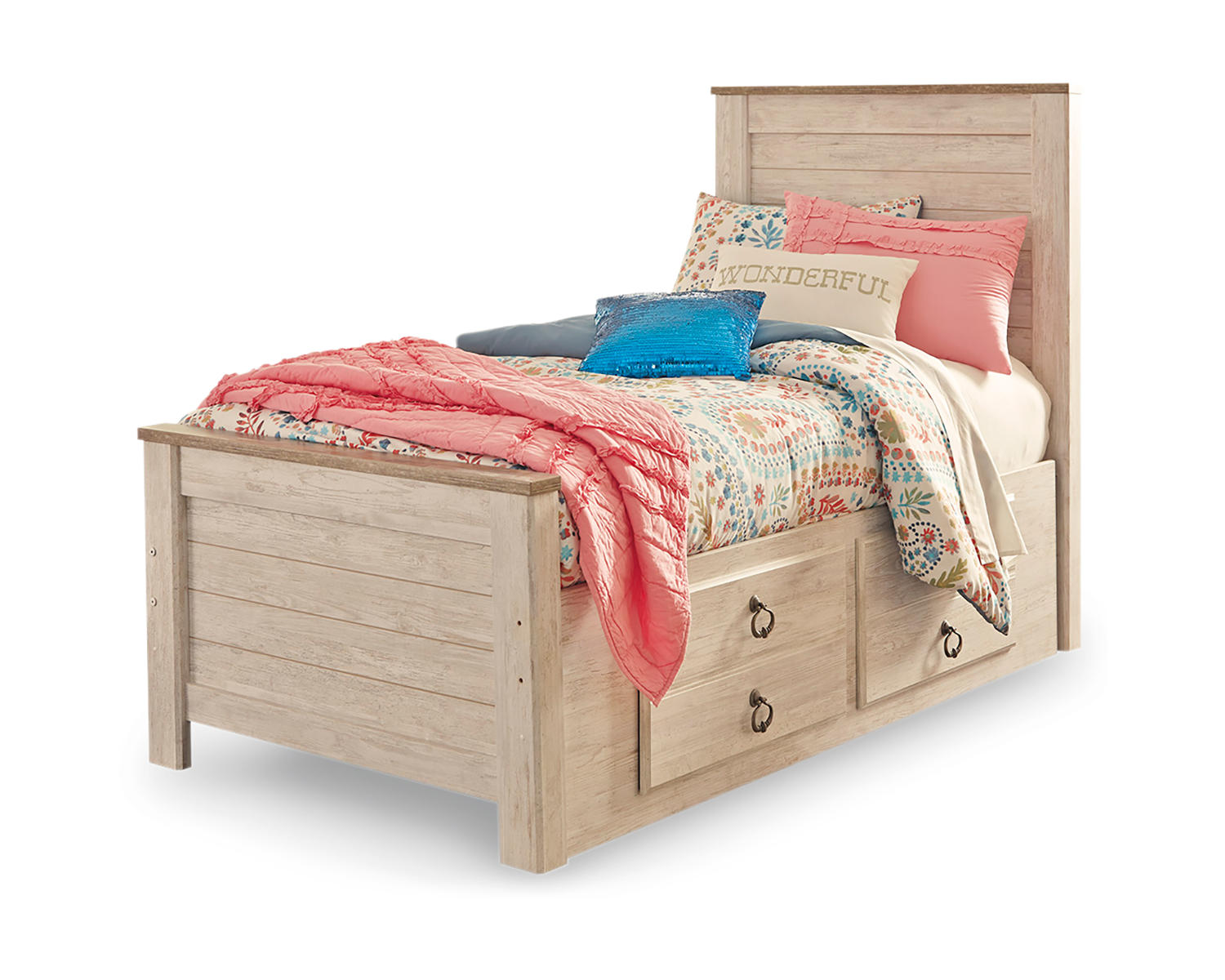 Willowton Twin Bed with Storage, Dresser, Mirror, Chest and Nightstand