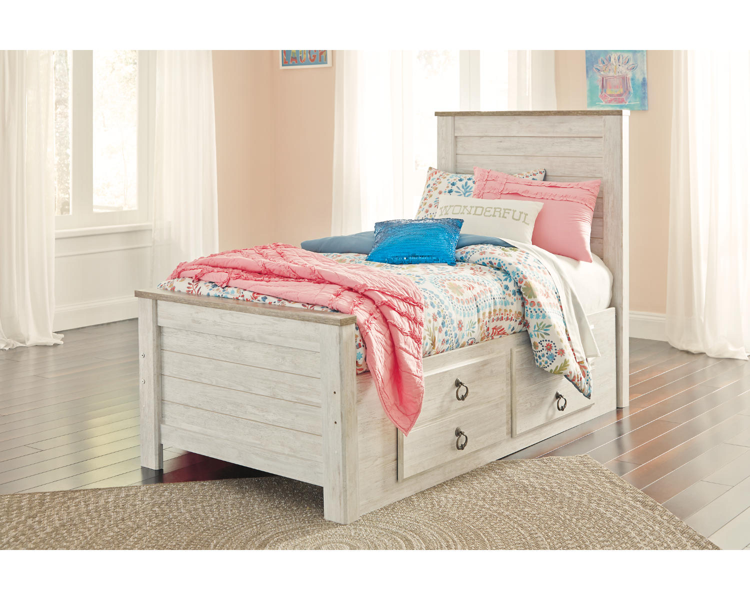Willowton Twin Bed with Storage, Dresser, Mirror, Chest and Nightstand