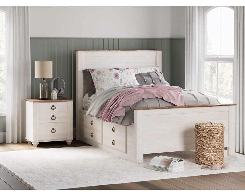 Cama Willowton con paneles completos, espacio de almacenamiento, tocador, espejo, cómoda y mesita de noche