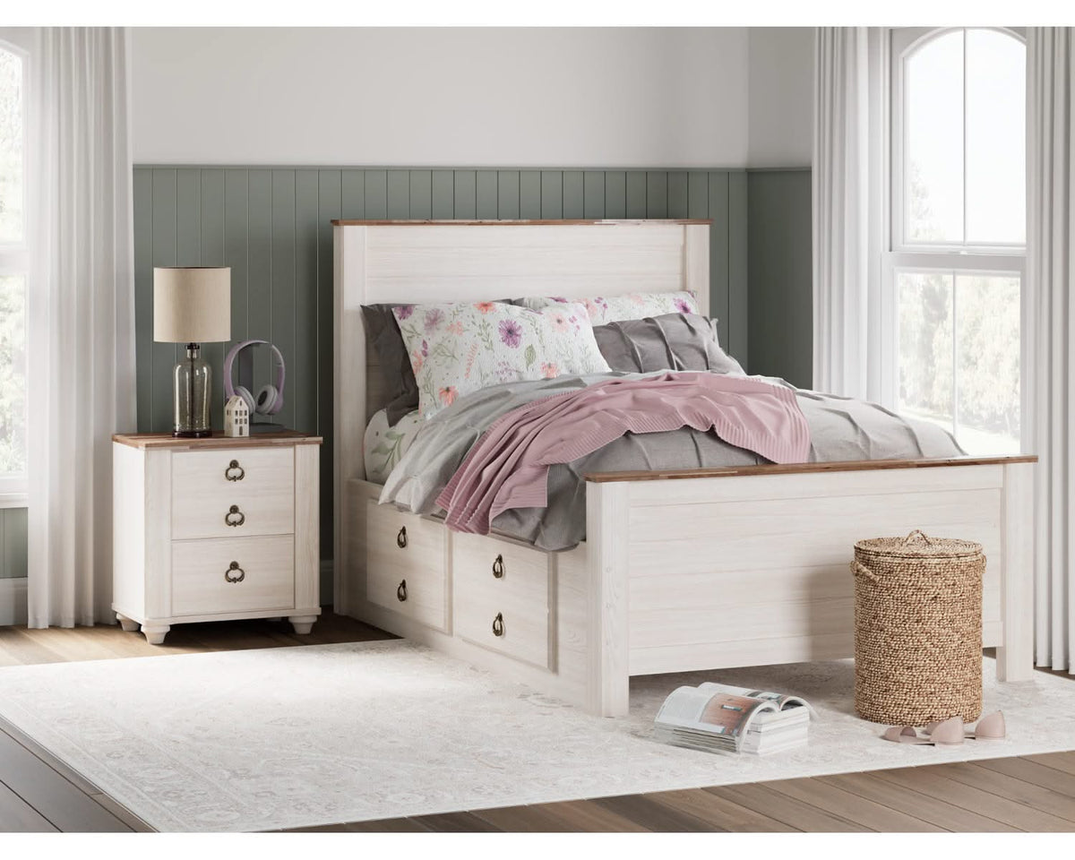 Cama Willowton con paneles completos, espacio de almacenamiento, tocador, espejo, cómoda y mesita de noche