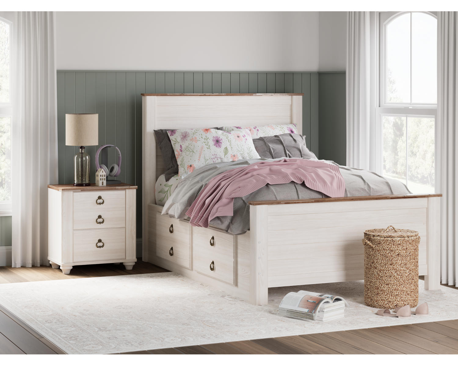 Willowton Full Panel Bed with storage, Dresser, Mirror, Chest and Nightstand