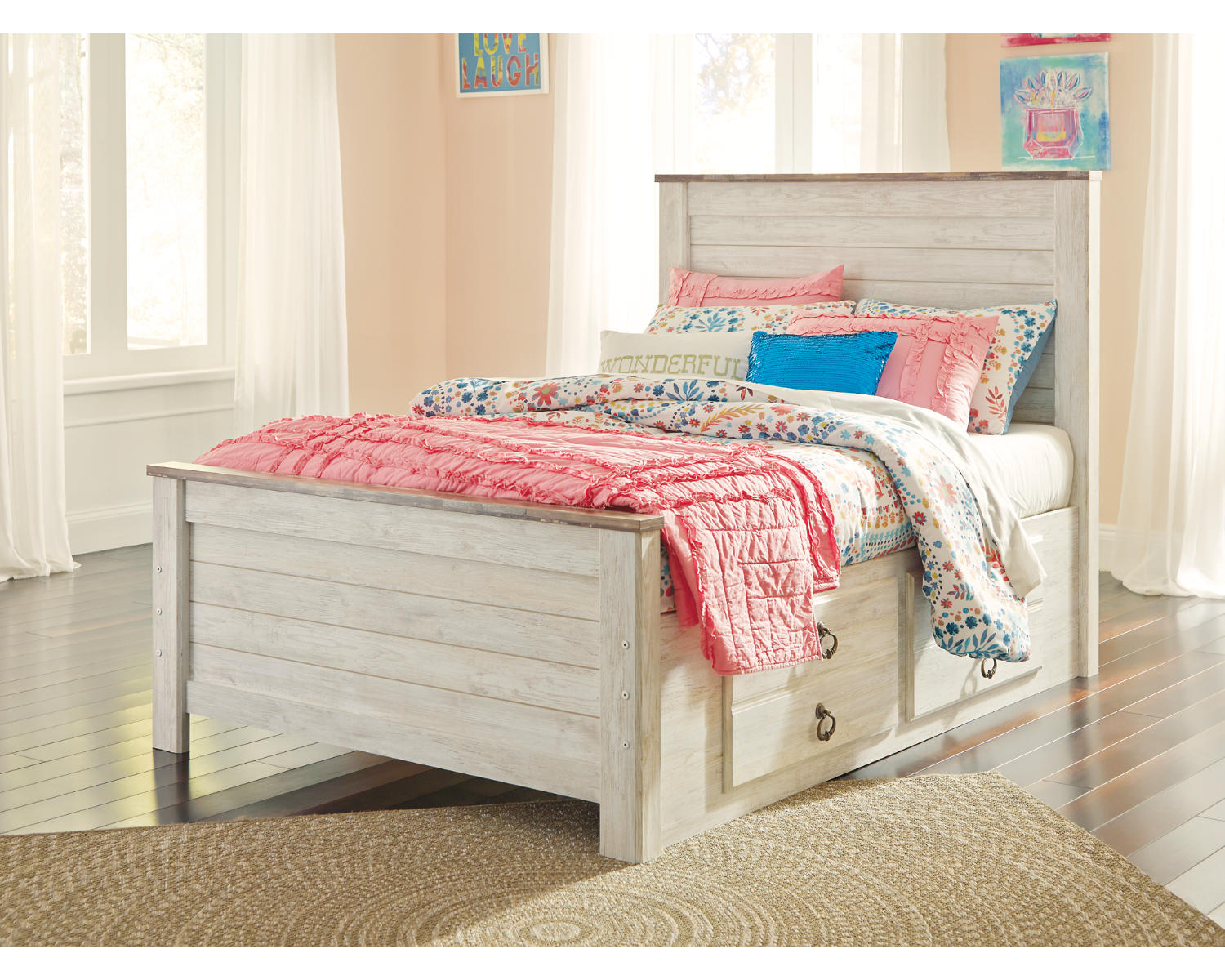 Willowton Full Panel Bed with Storage, Dresser and Mirror