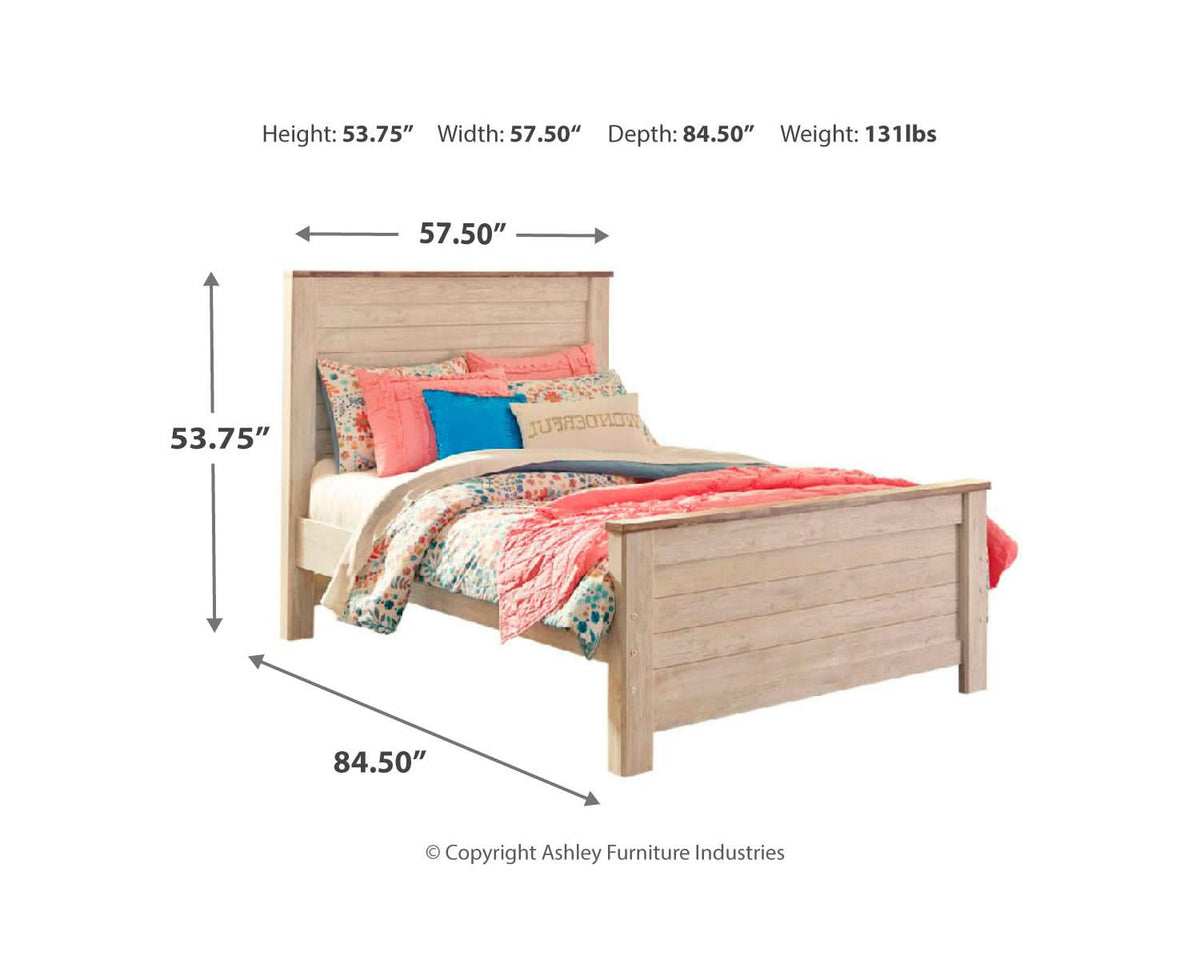 Cama Willowton con paneles completos, tocador, espejo, dos cómodas y mesita de noche