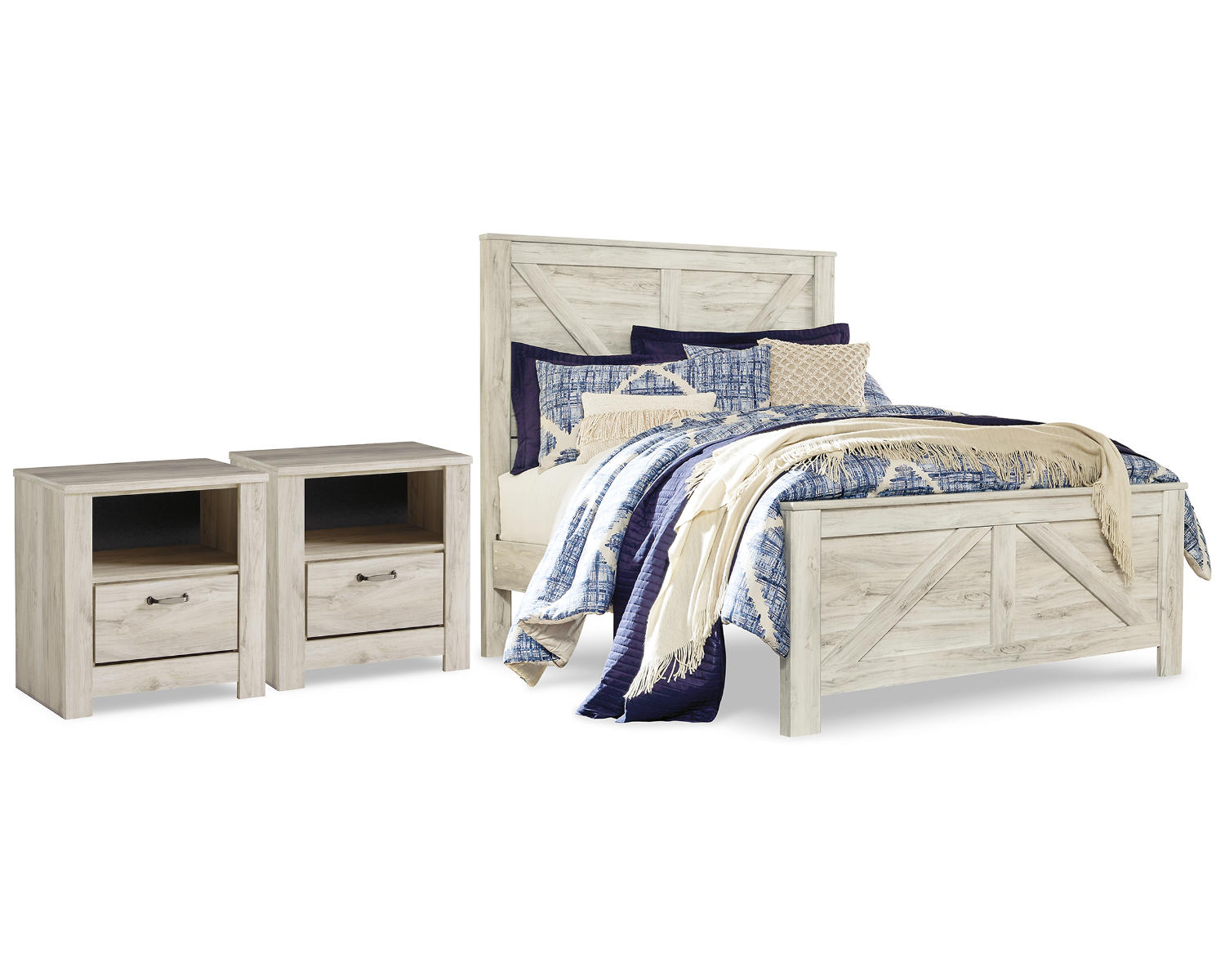 Bellaby Queen Crossbuck Panel Bed and 2 Nightstands