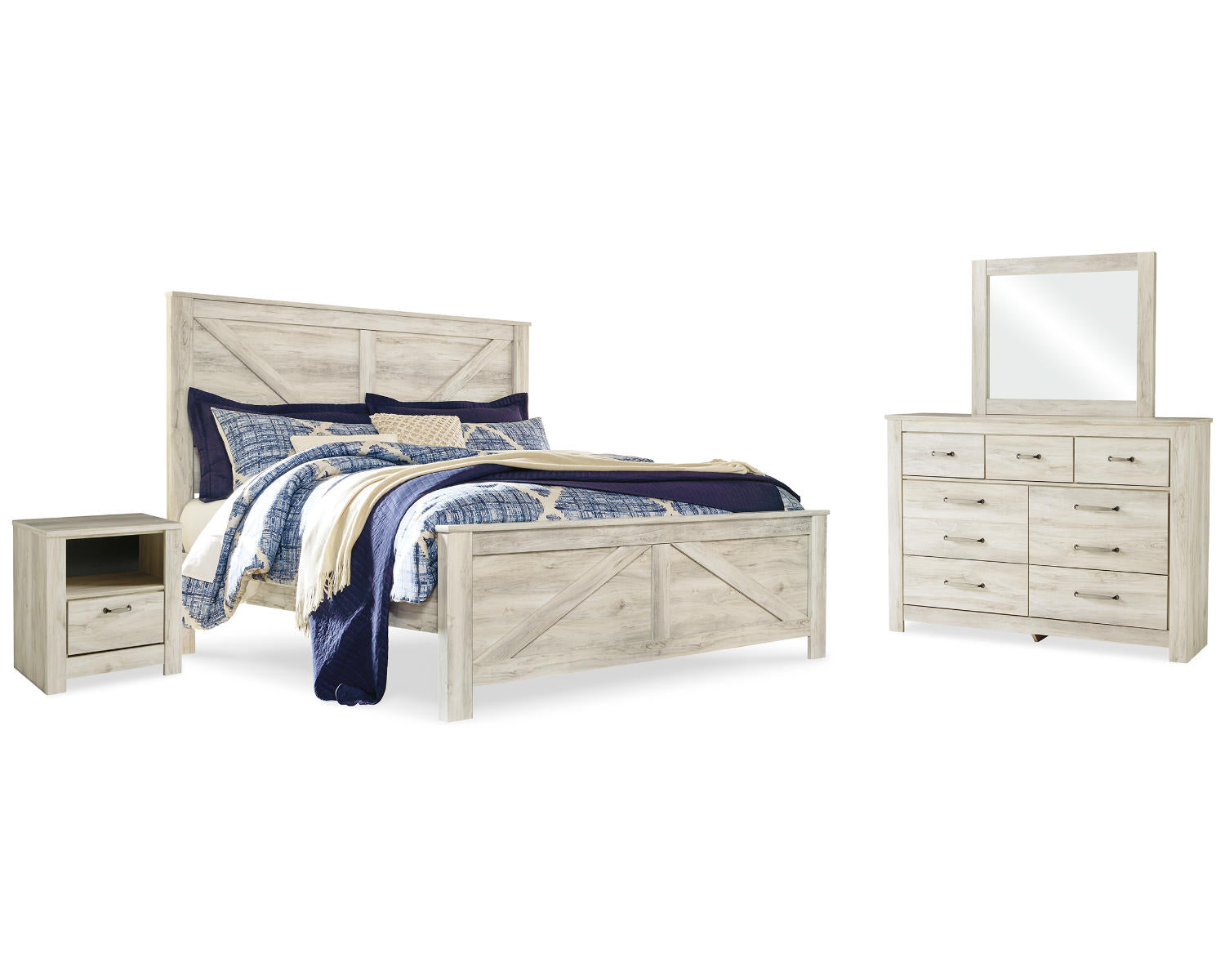 Bellaby King Crossbuck Panel Bed, Dresser, Mirror, and Nightstand