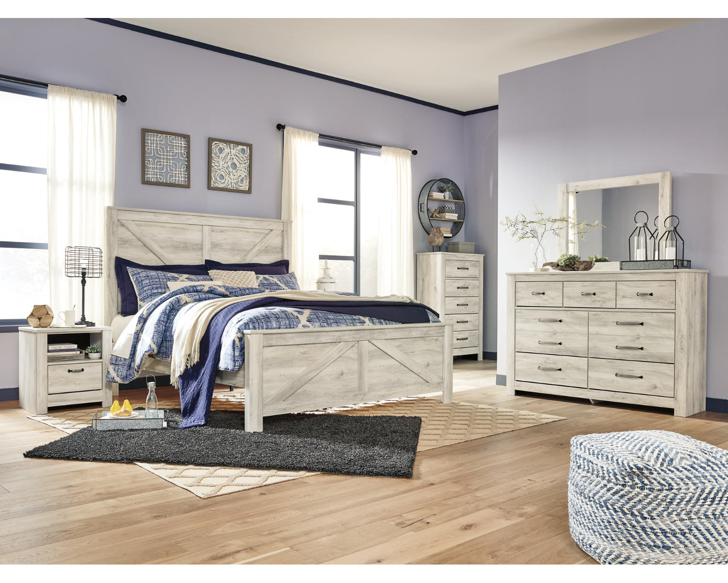 Bellaby King Crossbuck Panel Bed, Dresser, Mirror, and Nightstand