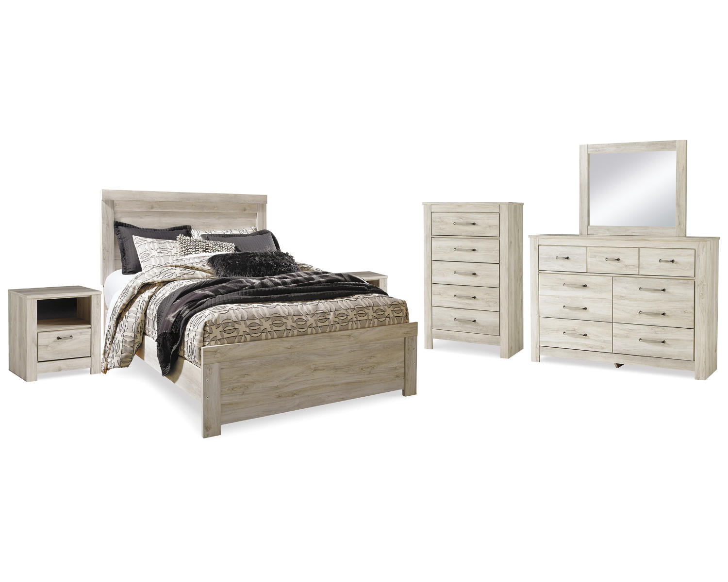 Bellaby Queen Panel Bed, Dresser, Mirror, Chest and 2 Nightstands