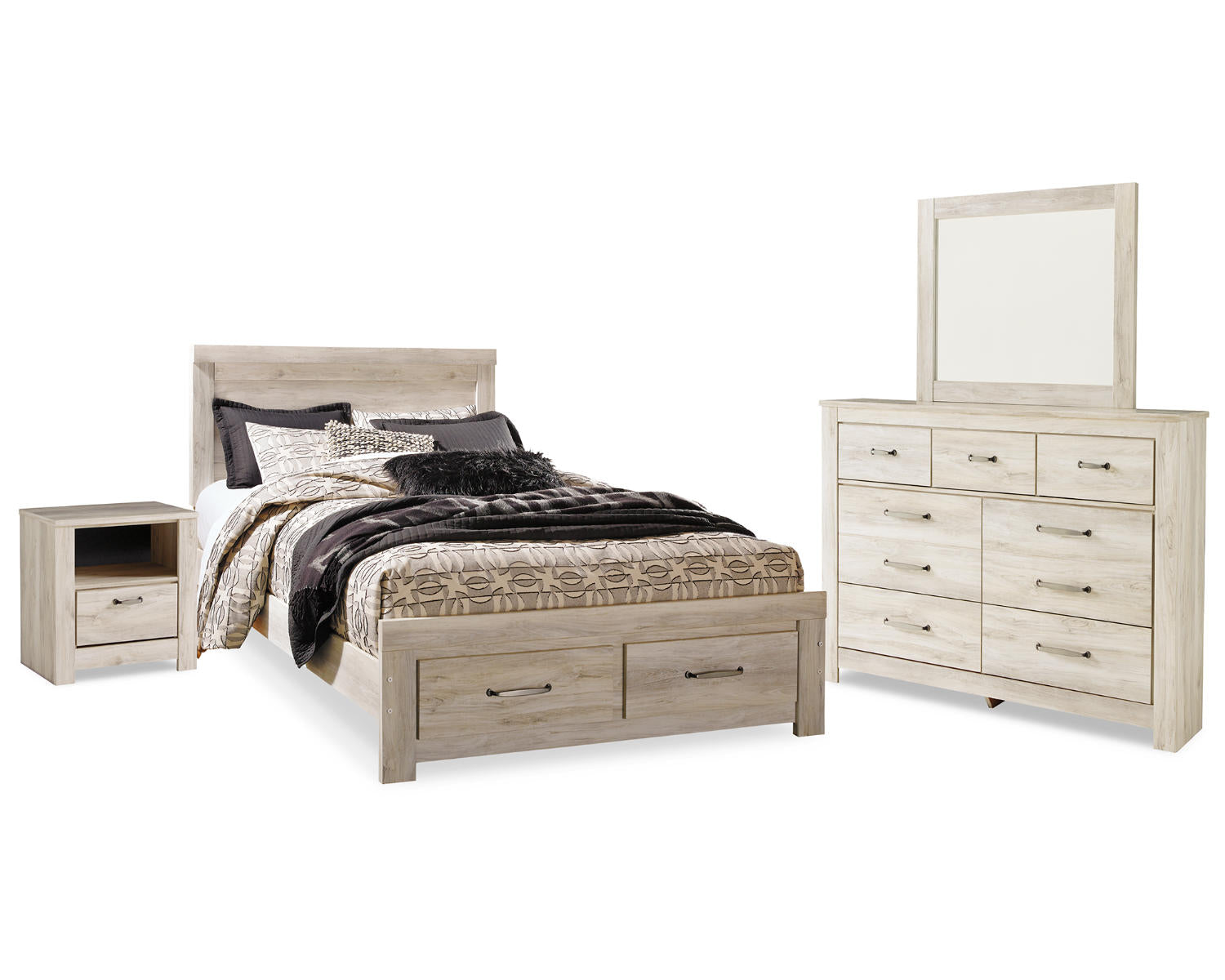 Bellaby Queen Panel Storage Bed, Dresser, Mirror and Nightstand