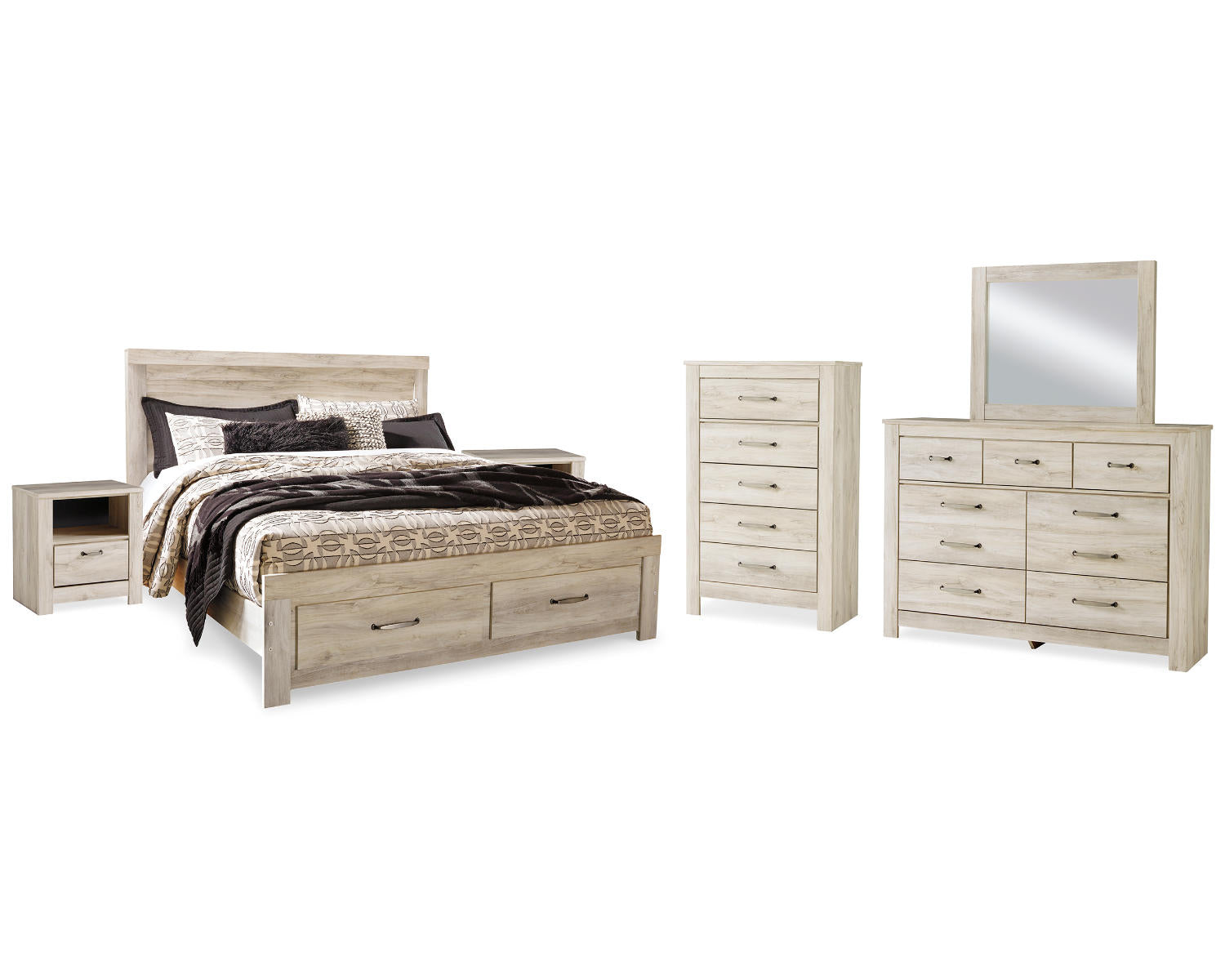 Bellaby King Storage Bed, Dresser, Mirror, Chest and 2 Nightstands