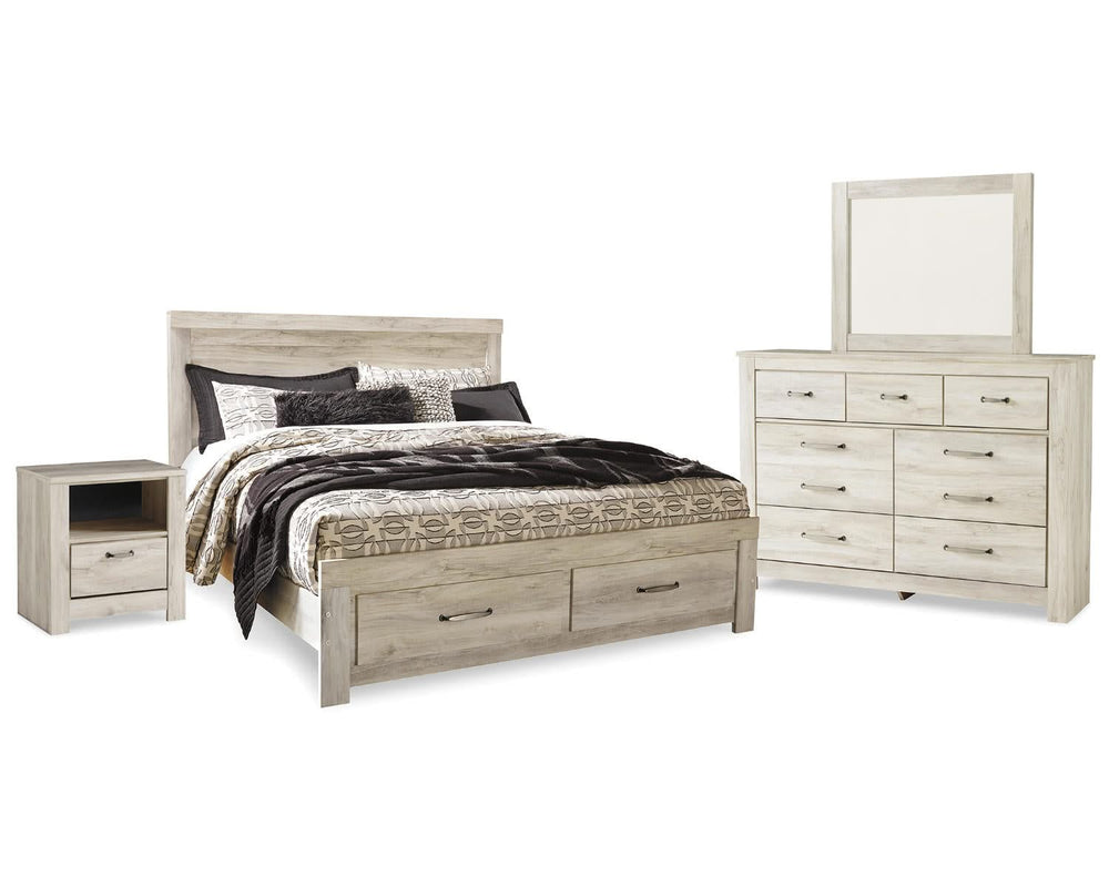 Bellaby King Panel Storage Bed, Dresser, Mirror and Nightstand