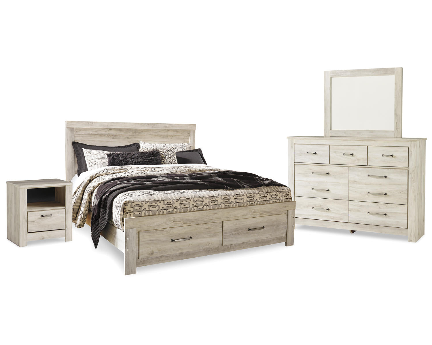 Bellaby King Panel Storage Bed, Dresser, Mirror and Nightstand