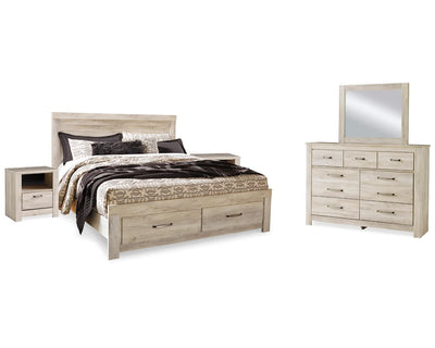 Cama Bellaby King con almacenamiento, tocador, espejo y dos mesitas de noche