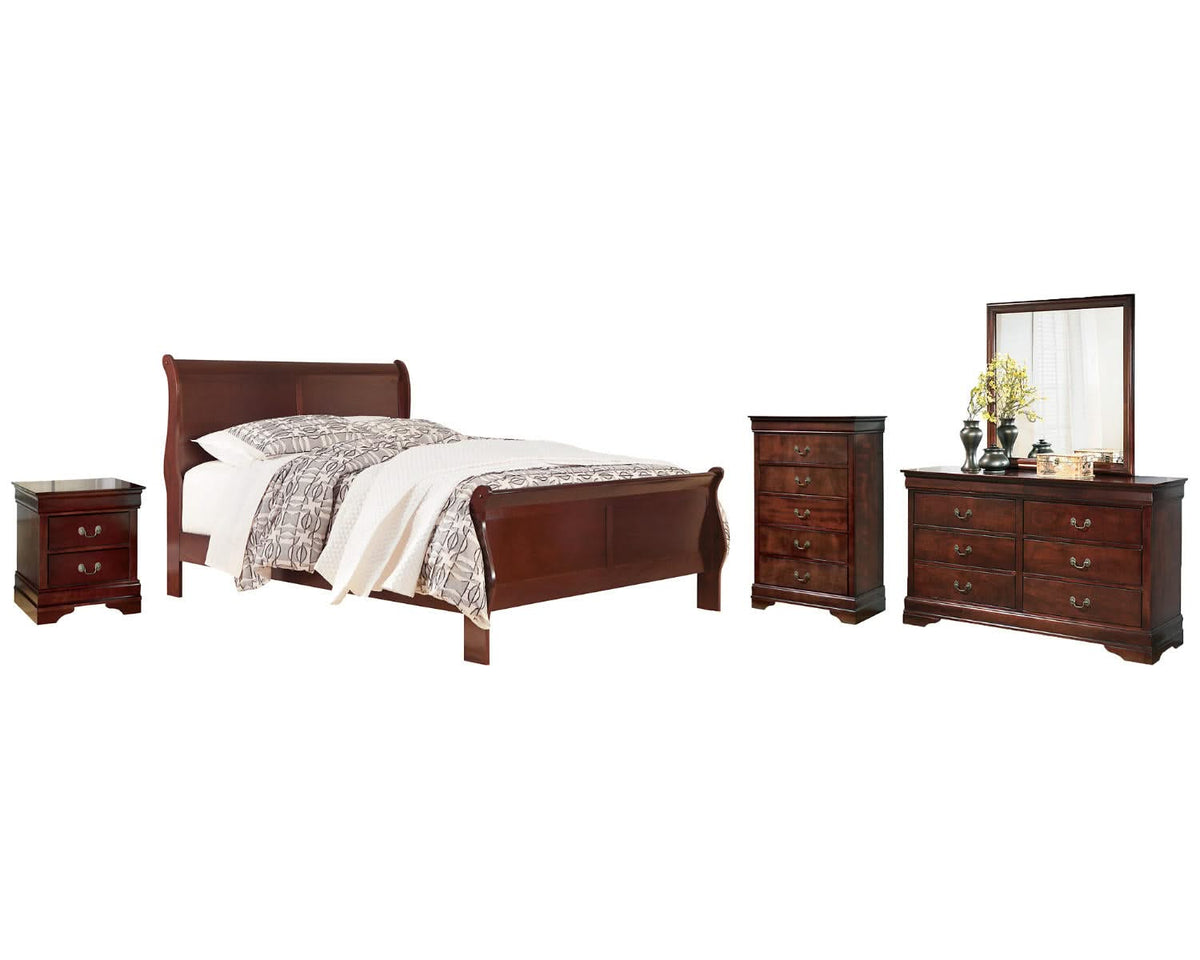 Cama Queen tipo trineo Alisdair, tocador, espejo, cómoda y mesita de noche