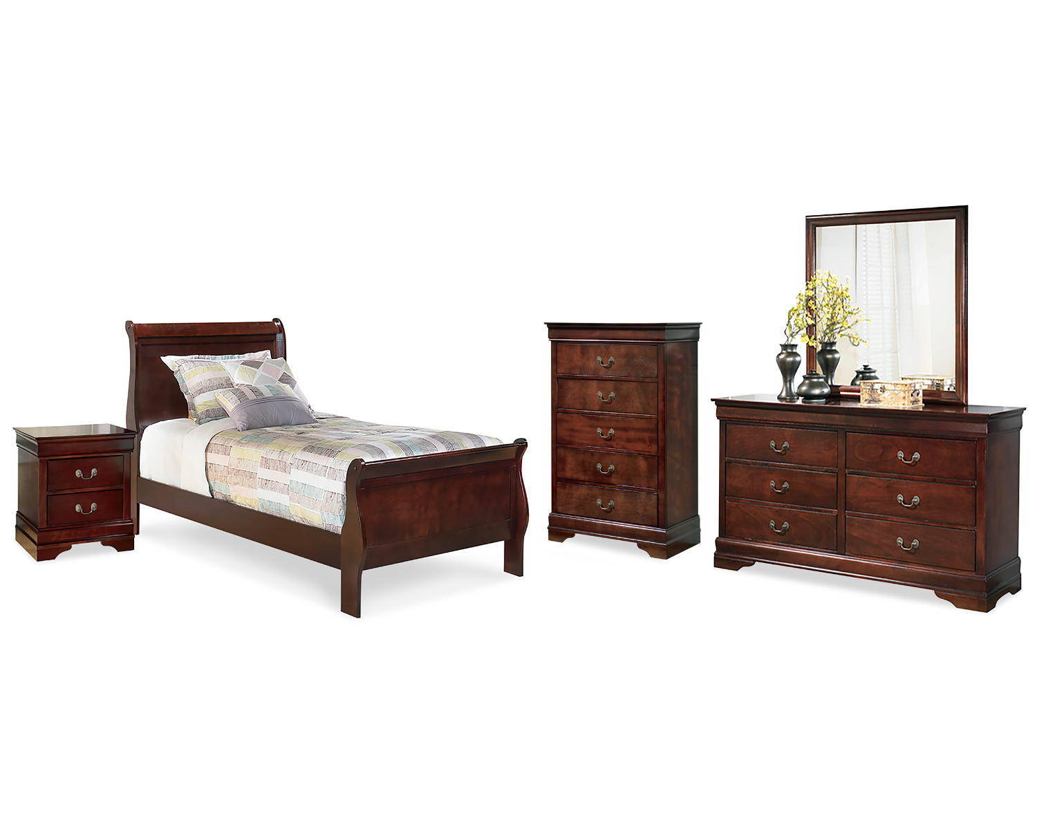 Alisdair Twin Sleigh Bed, Dresser, Mirror, Chest and Nightstand