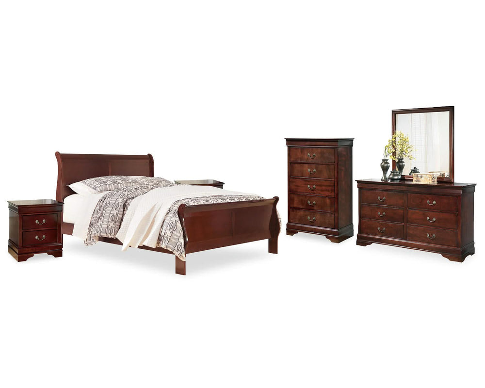 Cama Alisdair King tipo trineo, tocador, espejo, cómoda y dos mesitas de noche