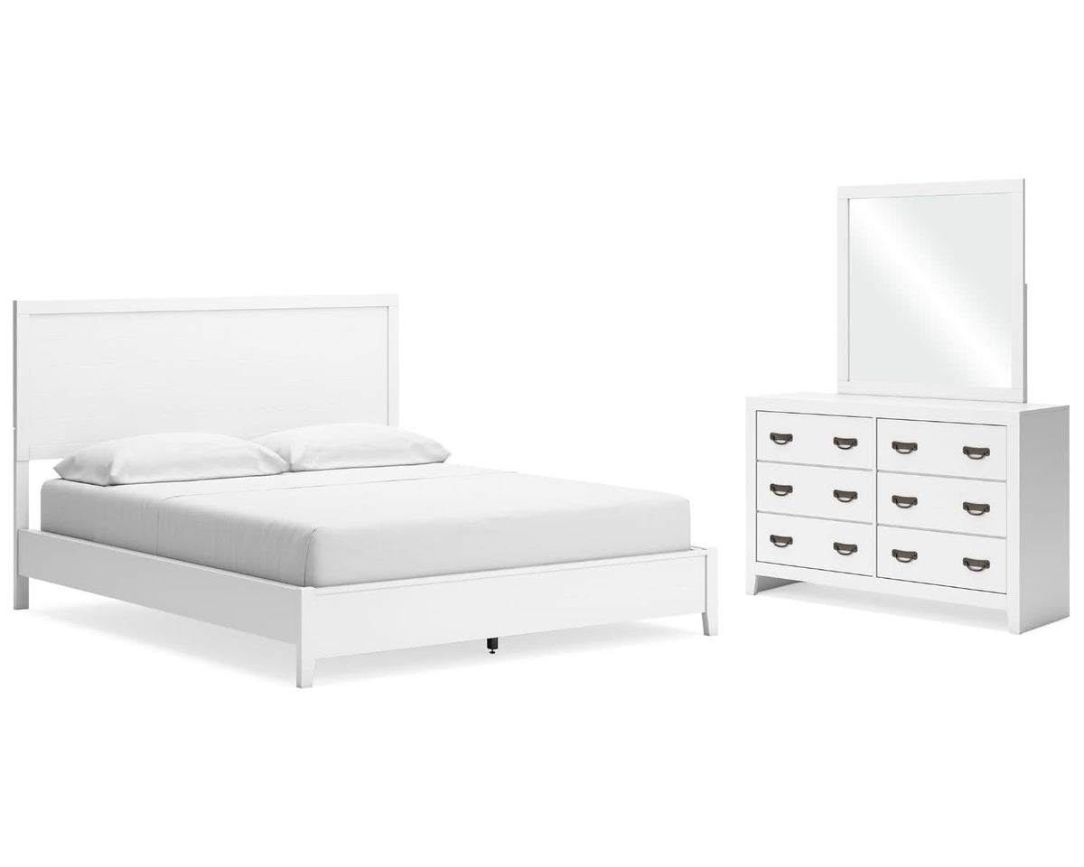 Cama California King con paneles, tocador y espejo Binterglen
