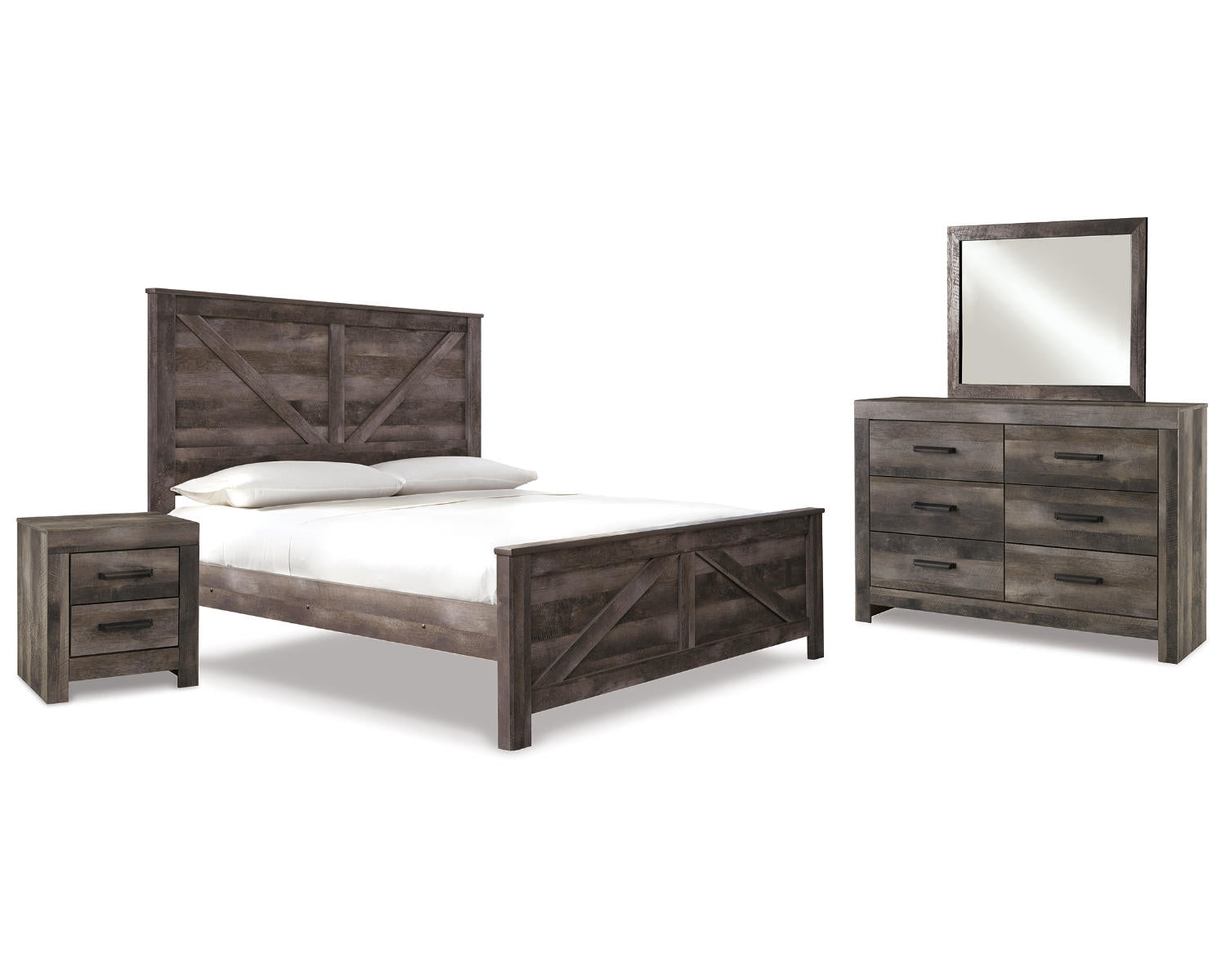 Wynnlow King Crossbuck Panel Bed, Dresser, Mirror and Nightstand