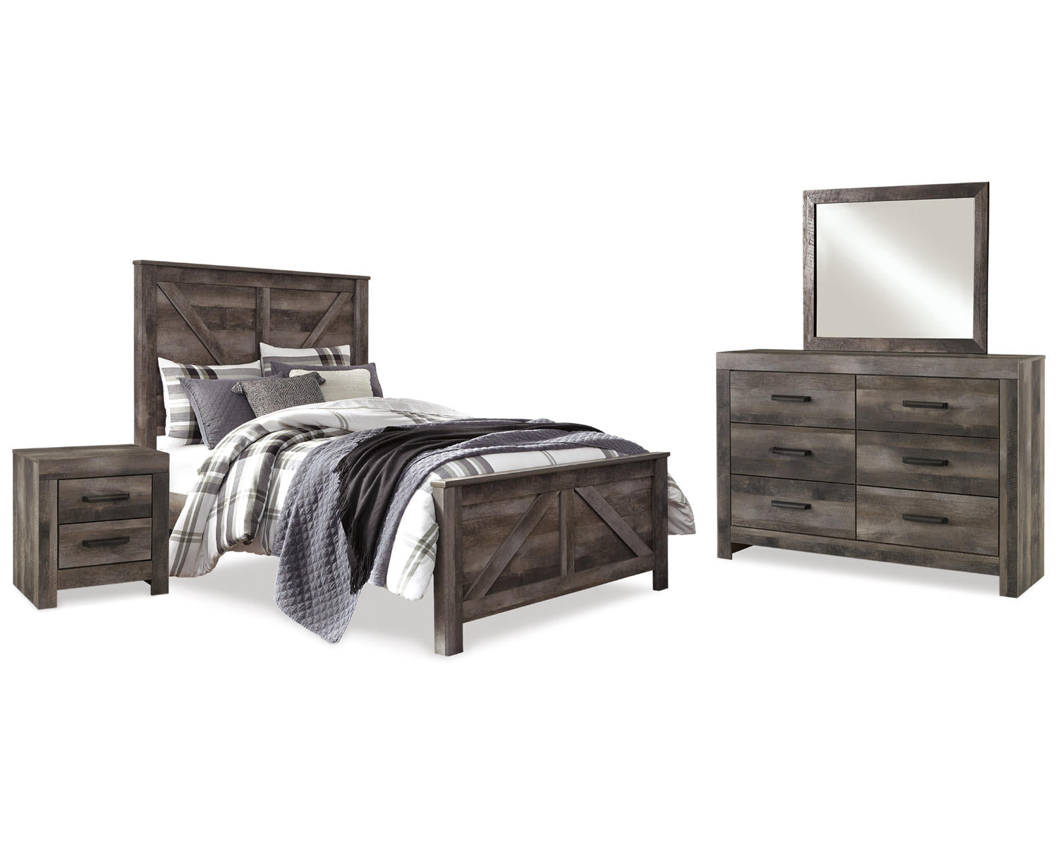 Wynnlow Queen Crossbuck Panel Bed, Dresser, Mirror, and Nightstand