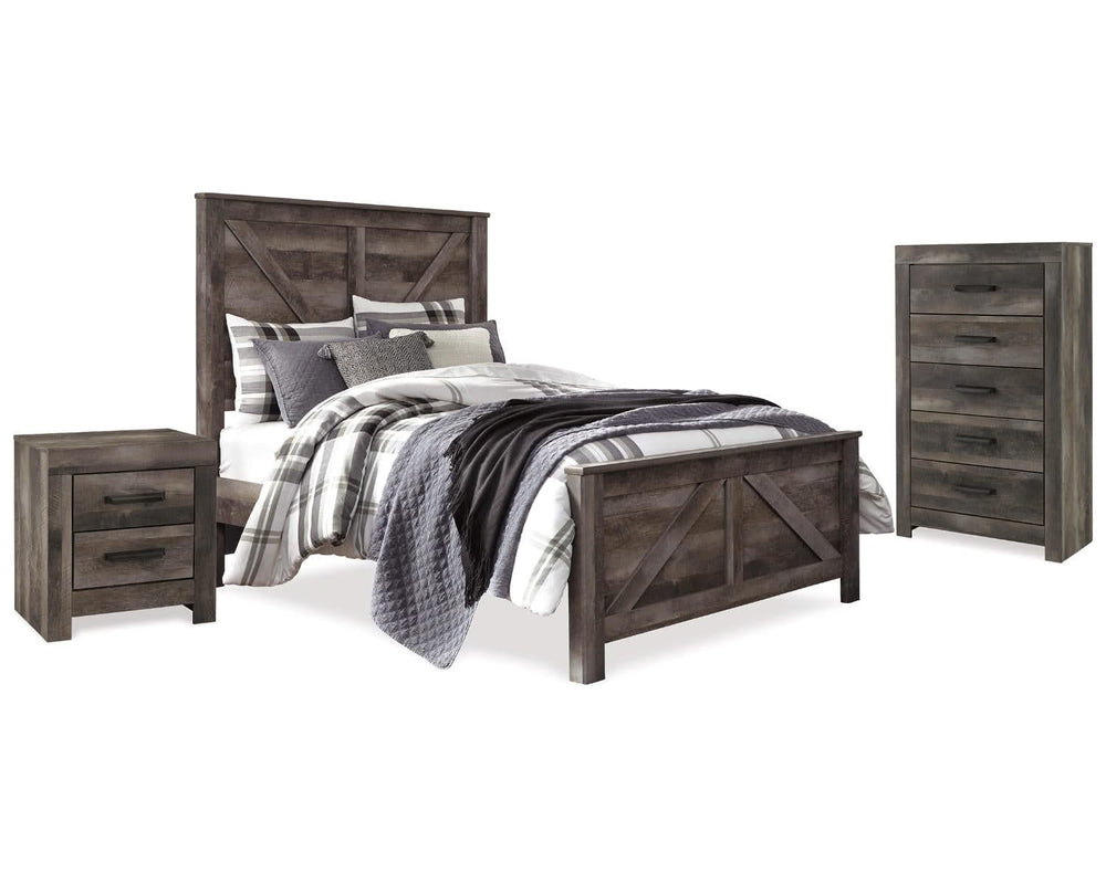 Cama Queen con paneles cruzados Wynnlow, cómoda y mesita de noche
