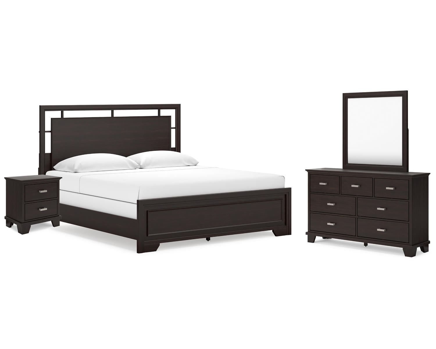 Covetown King Panel Bed, Dresser, Mirror and Nightstand