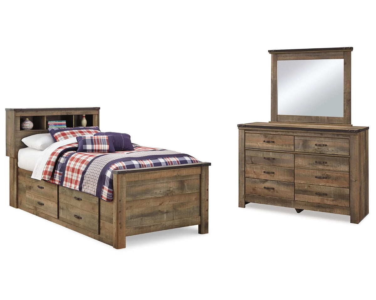 Trinell Twin Panel Bookcase with Storage, Dresser and Mirror