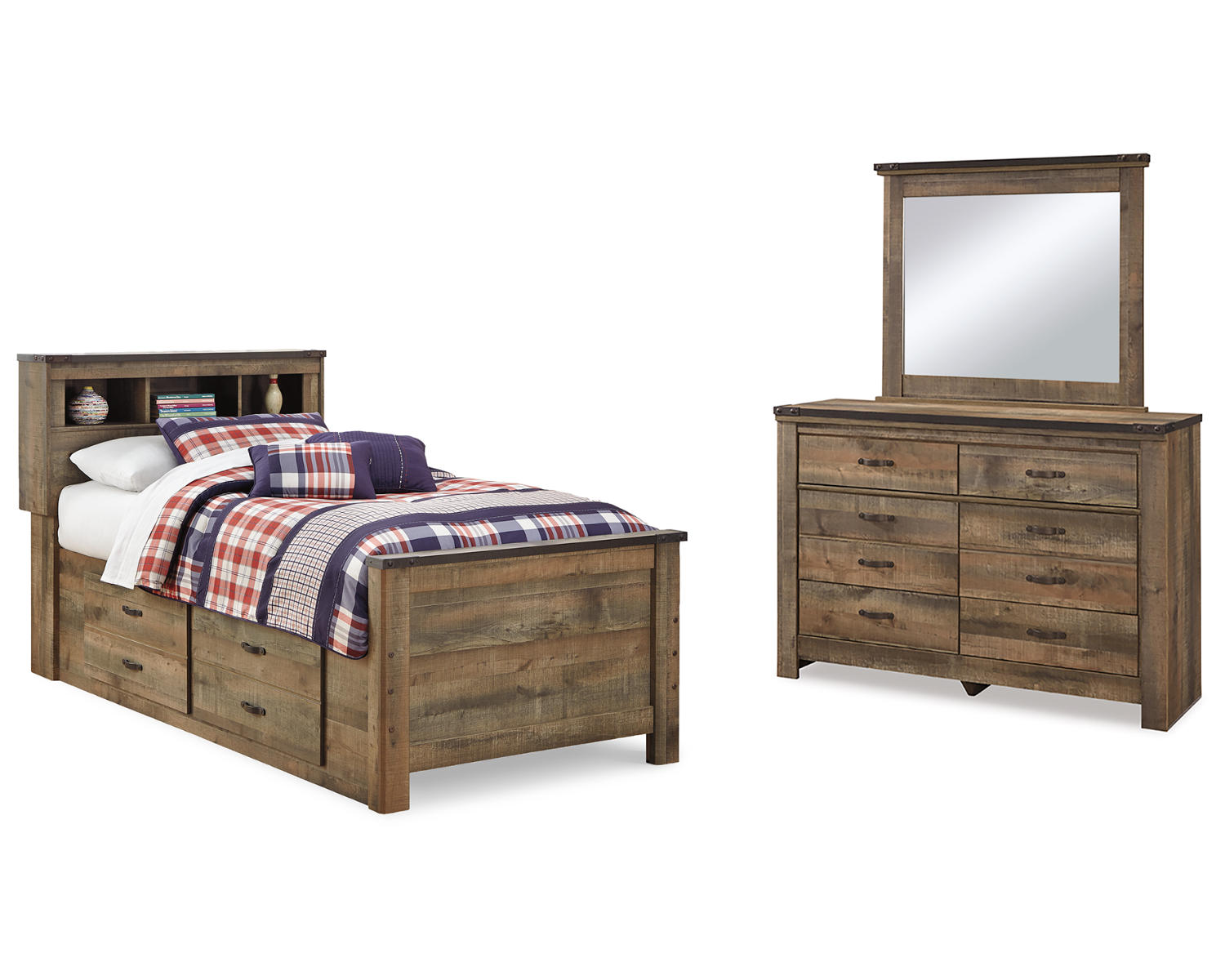 Trinell Twin Panel Bookcase with Storage, Dresser and Mirror