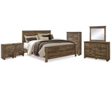 Cama Trinell King con paneles. Cómoda, espejo, cómoda y dos mesitas de noche.