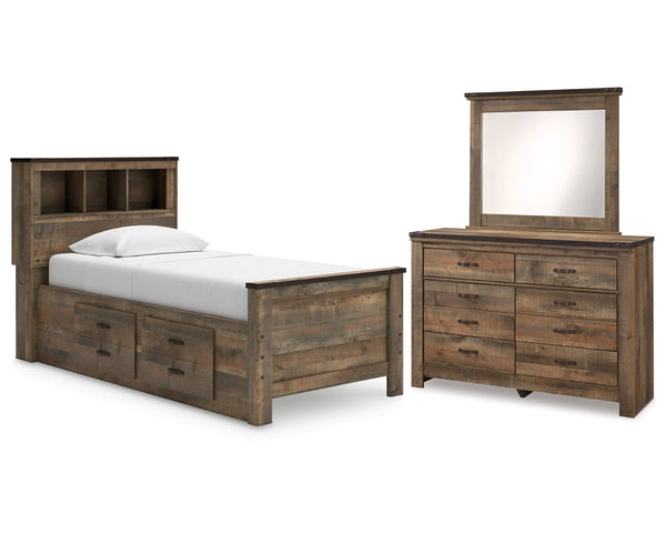Cama, cómoda y espejo con librería doble Trinell