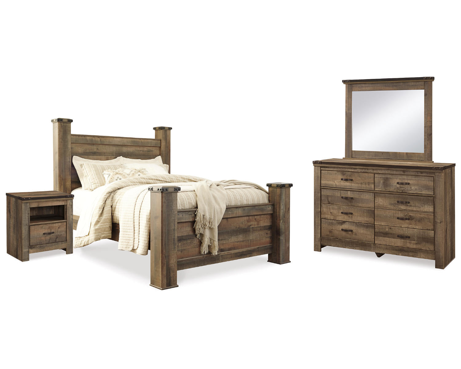 Trinell Queen Poster Bed, Dresser, Mirror and Nightstand