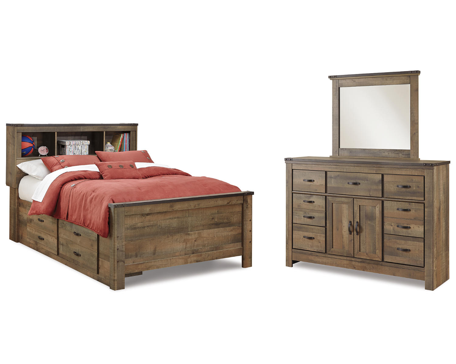 Trinell Full Bookcase Bed with Storage with Mirrored Dresser
