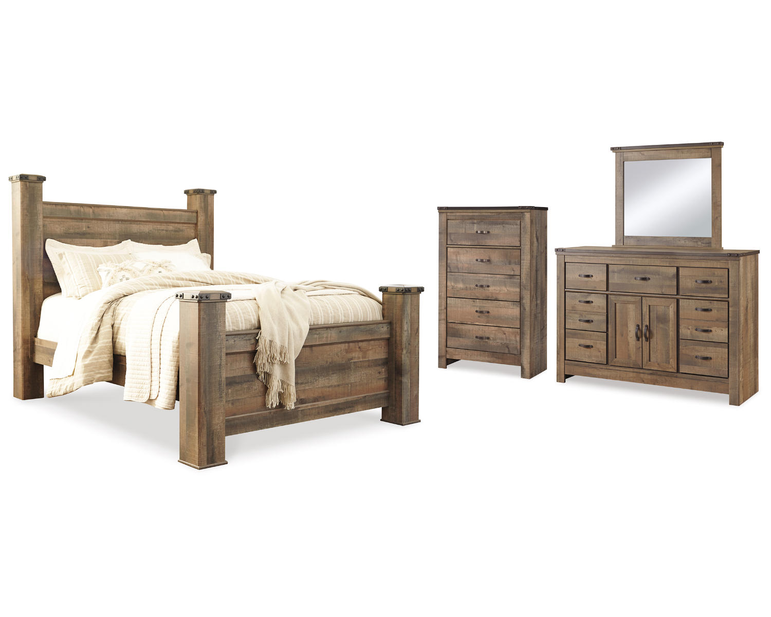 Trinell Queen Poster Bed, Dresser, Mirror and Chest