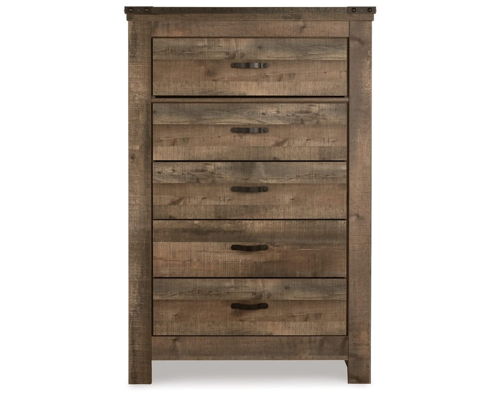 Cama King Trinell con paneles, cómoda y dos mesitas de noche