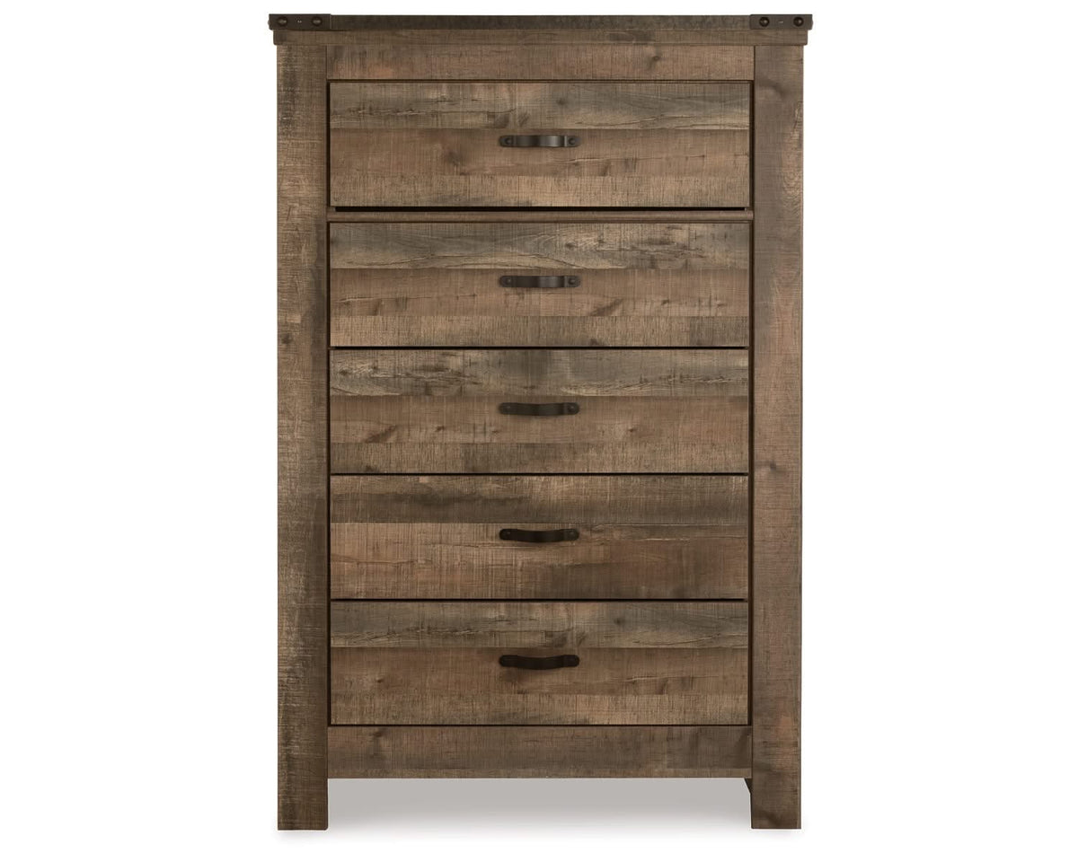 Cama Trinell King con paneles. Cómoda, espejo, cómoda y dos mesitas de noche.