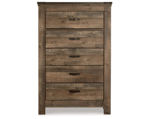 Cama Trinell King con paneles. Cómoda, espejo, cómoda y dos mesitas de noche.