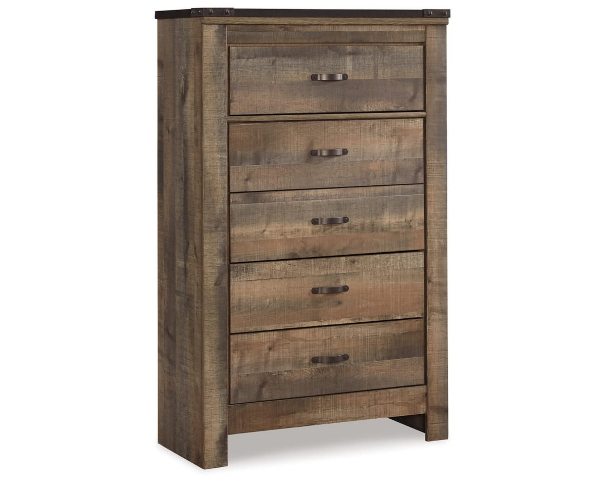 Cama King Trinell con paneles, cómoda y dos mesitas de noche