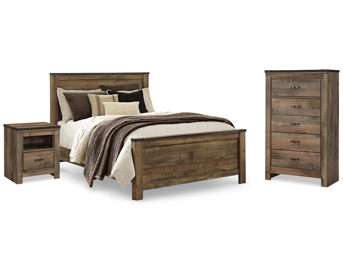 Cama Queen Trinell con paneles, cómoda y dos mesitas de noche