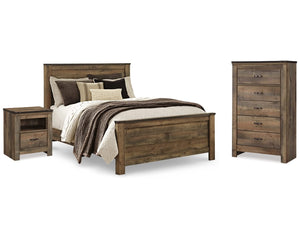 Cama Queen Trinell con paneles, cómoda y dos mesitas de noche