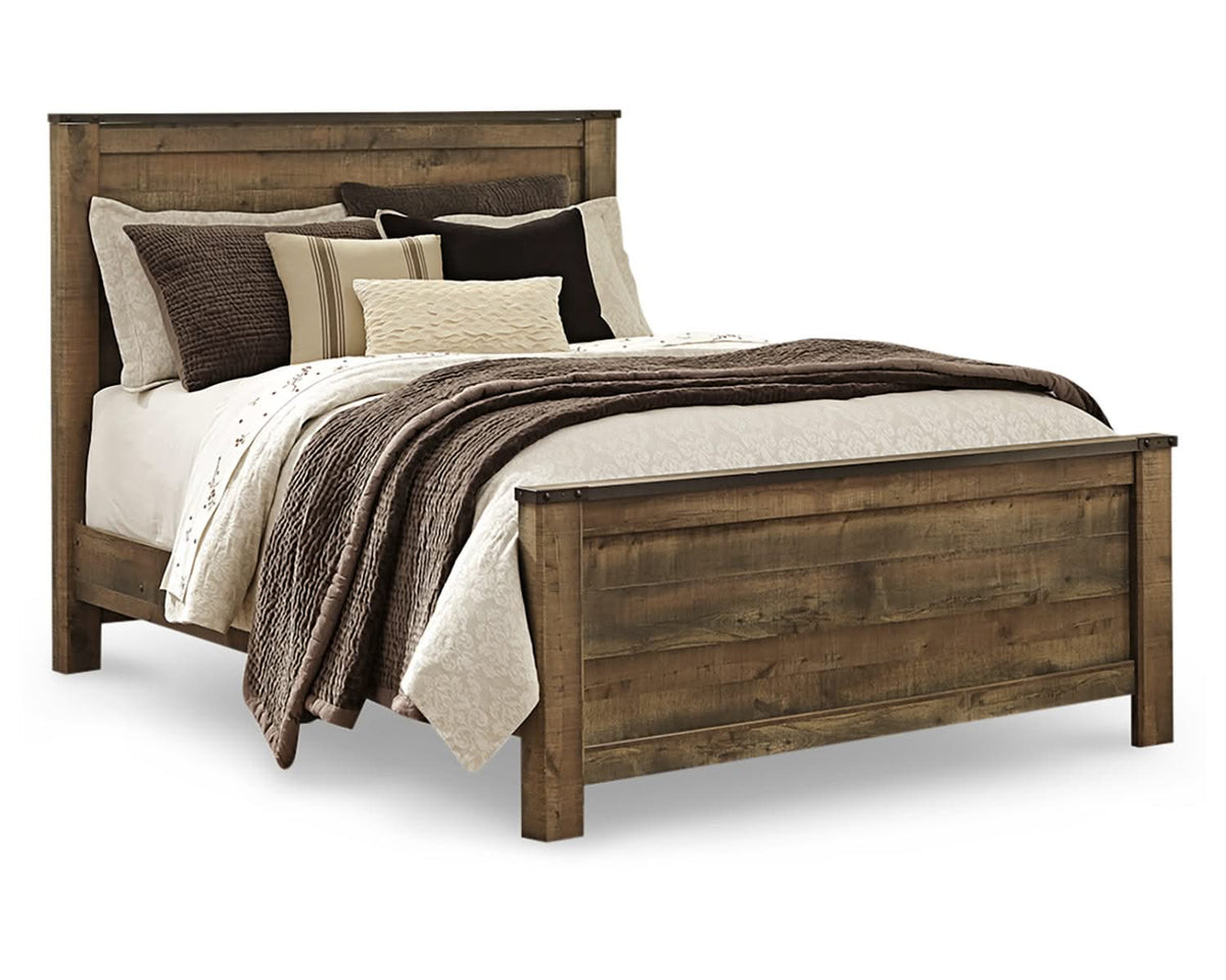Cama Queen Trinell con paneles, cómoda y dos mesitas de noche