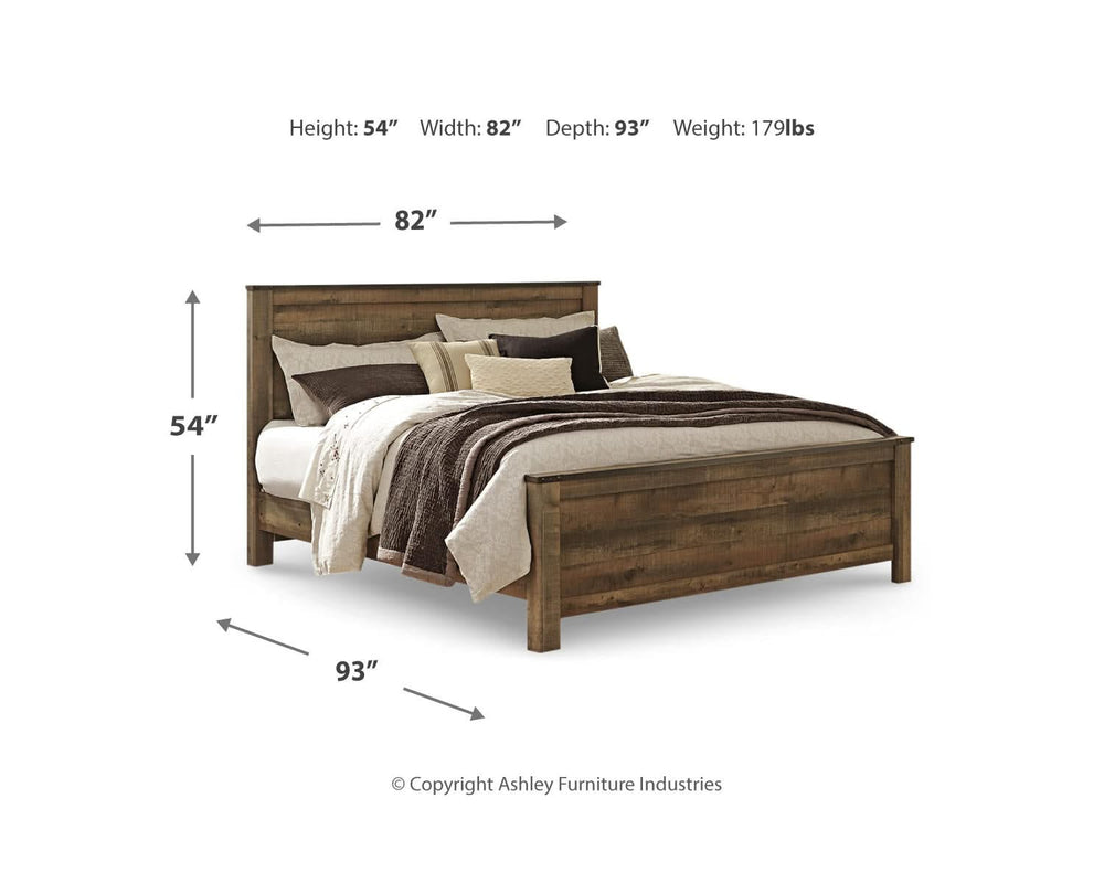 Cama Trinell King con paneles. Cómoda, espejo, cómoda y dos mesitas de noche.