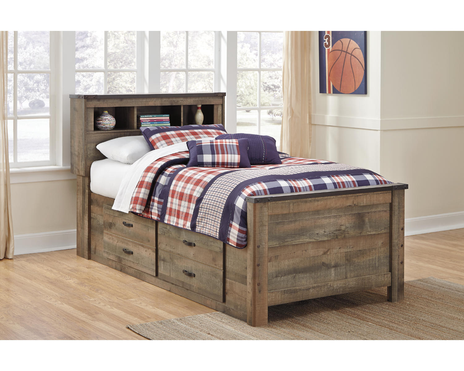 Trinell Twin Bookcase Bed with Storage with Mirrored Dresser