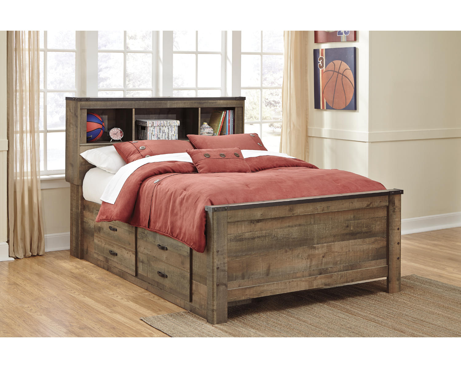 Trinell Full Bookcase Bed with Storage with Mirrored Dresser