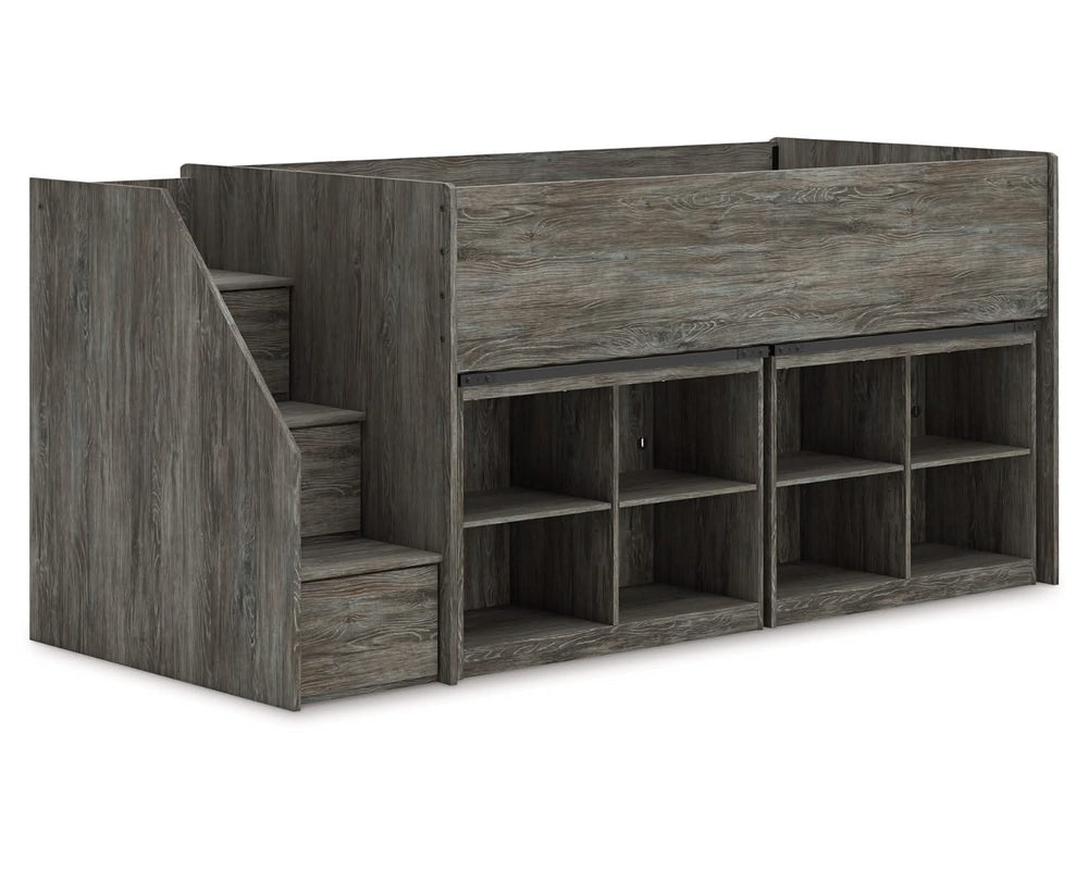 Cama alta individual Frandern con estantería